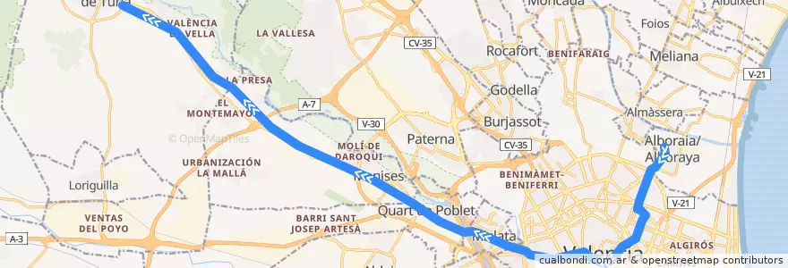 Mapa del recorrido Línia 9: Alboraya-Peris Aragó => Riba-roja de Túria de la línea  en València / Valencia.