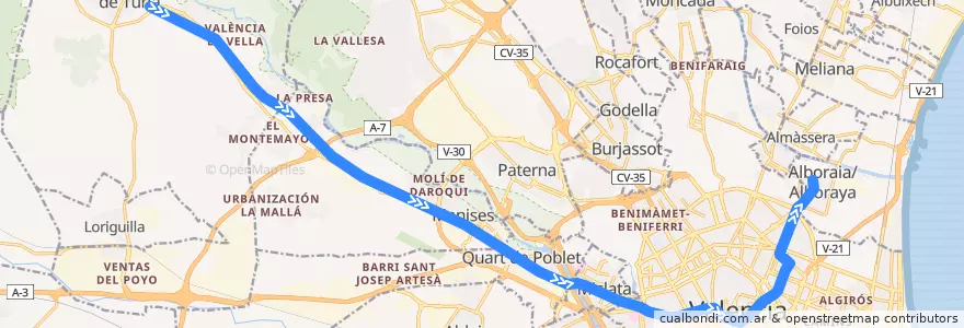 Mapa del recorrido Línia 9: Riba-roja de Túria => Alboraya-Peris Aragó de la línea  en فالنسيا.