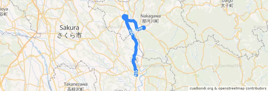 Mapa del recorrido 那珂川町コミュニティバス馬頭烏山線 JR烏山駅⇒那珂川町役場 de la línea  en 도치기현.