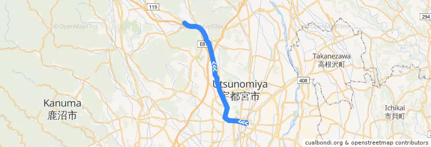 Mapa del recorrido 関東自動車バス[52] 宇都宮駅⇒石那田 de la línea  en 宇都宮市.
