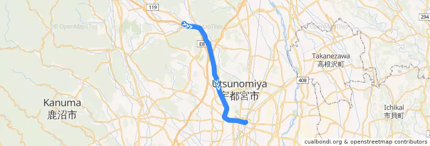 Mapa del recorrido 関東自動車バス[01] 石那田⇒宇都宮駅 de la línea  en Utsunomiya.