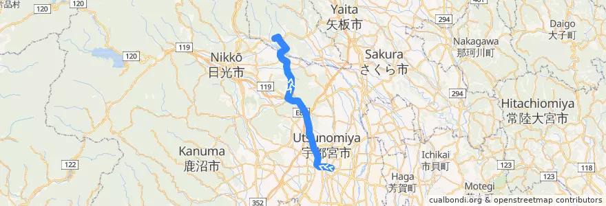 Mapa del recorrido 関東自動車バス[58] 宇都宮駅⇒船生 de la línea  en Tochigi Prefecture.