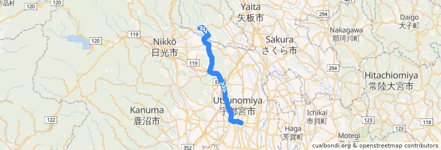 Mapa del recorrido 関東自動車バス[01] 船生⇒宇都宮駅 de la línea  en Tochigi Prefecture.