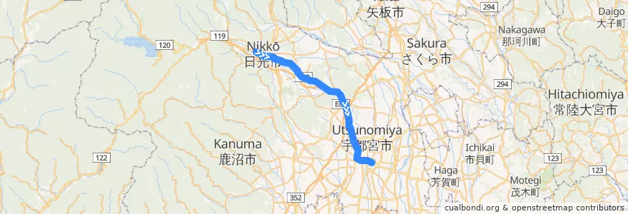 Mapa del recorrido 関東自動車バス[01] 今市車庫⇒宇都宮駅 de la línea  en Tochigi Prefecture.