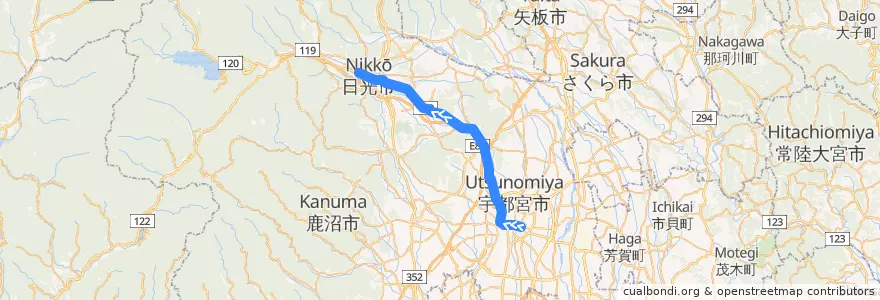 Mapa del recorrido 関東自動車バス[56] 宇都宮駅⇒今市車庫 de la línea  en Tochigi Prefecture.