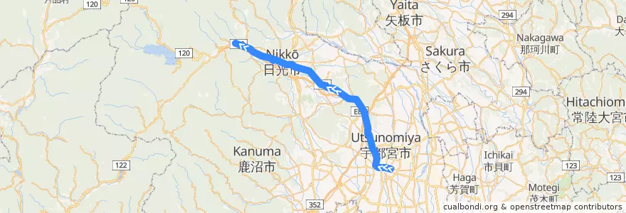 Mapa del recorrido 関東自動車バス[56] 宇都宮駅⇒日光東照宮 de la línea  en Préfecture de Tochigi.