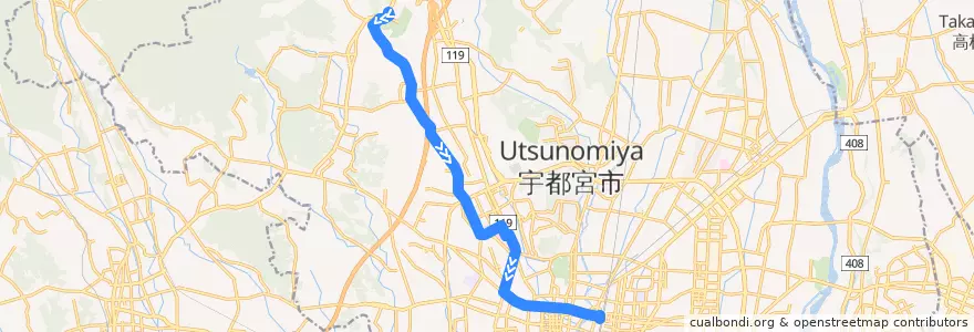 Mapa del recorrido 関東自動車バス[01] ろまんちっく村⇒仁良塚⇒宇都宮駅 de la línea  en Utsunomiya.
