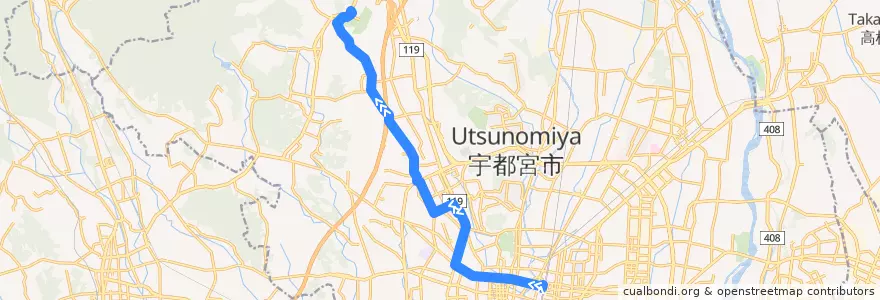 Mapa del recorrido 関東自動車バス[51] 宇都宮駅⇒仁良塚⇒ろまんちっく村 de la línea  en Utsunomiya.