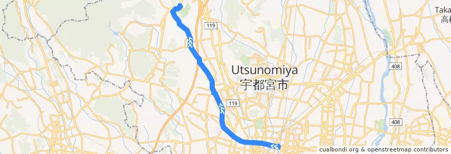 Mapa del recorrido 関東自動車バス[46] 宇都宮駅⇒陽西中⇒ろまんちっく村 de la línea  en 宇都宮市.