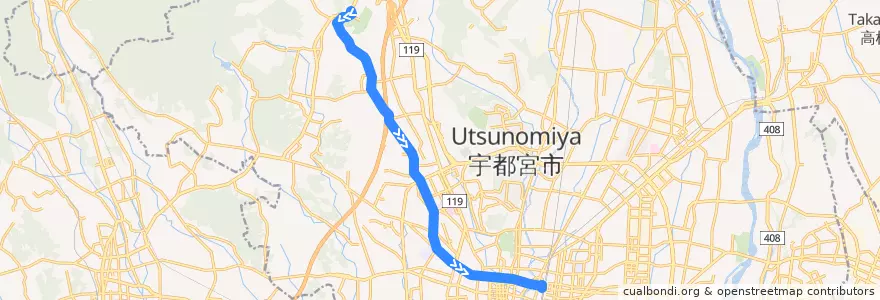 Mapa del recorrido 関東自動車バス[01] ろまんちっく村⇒陽西中⇒宇都宮駅 de la línea  en Utsunomiya.