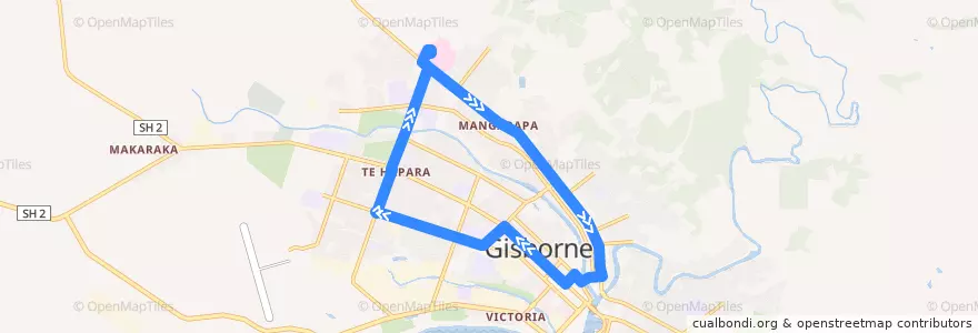 Mapa del recorrido City to Hospital via Elgin Shops de la línea  en ギズボーン.