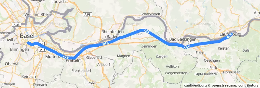 Mapa del recorrido S1: Laufenburg => Basel SBB de la línea  en İsviçre.
