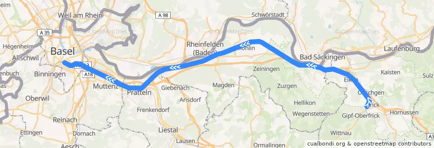 Mapa del recorrido S1: Frick => Basel SBB de la línea  en Suíça.