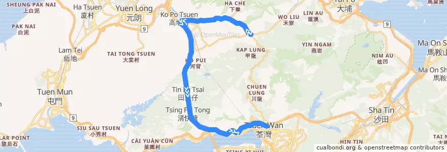 Mapa del recorrido 九巴251M線 KMB 251M (上村 Sheung Tsuen → 荃灣站 Tsuen Wan Station) de la línea  en 신제.