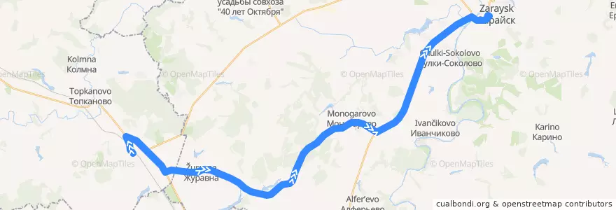 Mapa del recorrido Автобус №62: Богатищево - Журавна - Зарайск de la línea  en городской округ Зарайск.