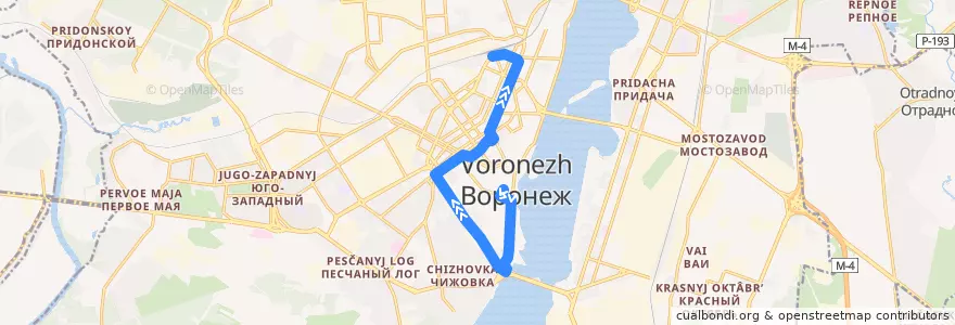 Mapa del recorrido Автобус №93: Митрофановский источник — Ж/д Вокзал de la línea  en Voronezh.