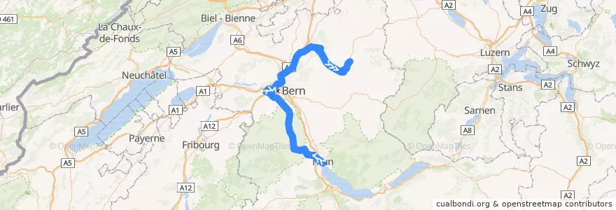 Mapa del recorrido S44: Thun => Sumiswald-Grünen de la línea  en 伯尔尼.
