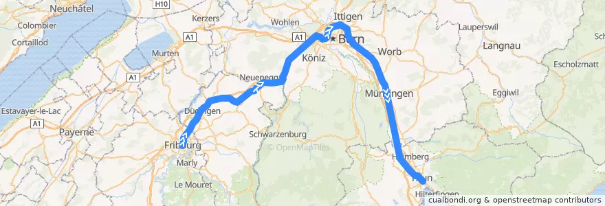 Mapa del recorrido S1: Fribourg => Thun de la línea  en Schweiz/Suisse/Svizzera/Svizra.