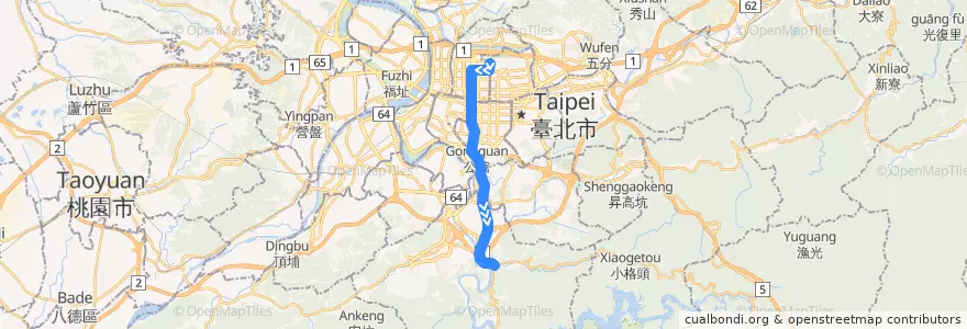 Mapa del recorrido 臺北市 松江新生幹線 青潭-復興北村 (往青潭) de la línea  en تايبيه الجديدة.
