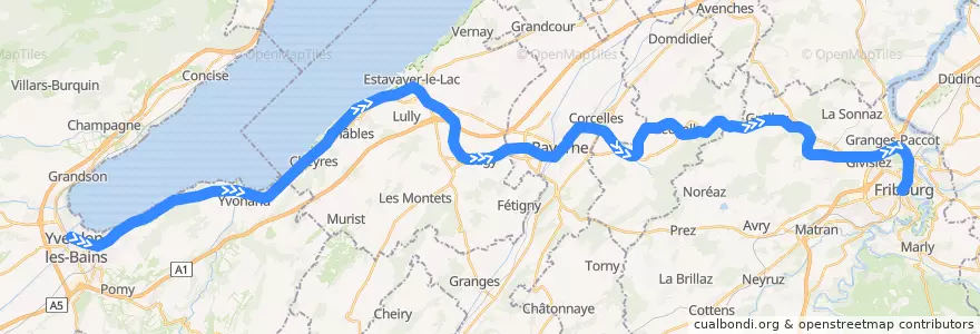 Mapa del recorrido S30: Yverdon-les-Bains => Fribourg de la línea  en Schweiz/Suisse/Svizzera/Svizra.