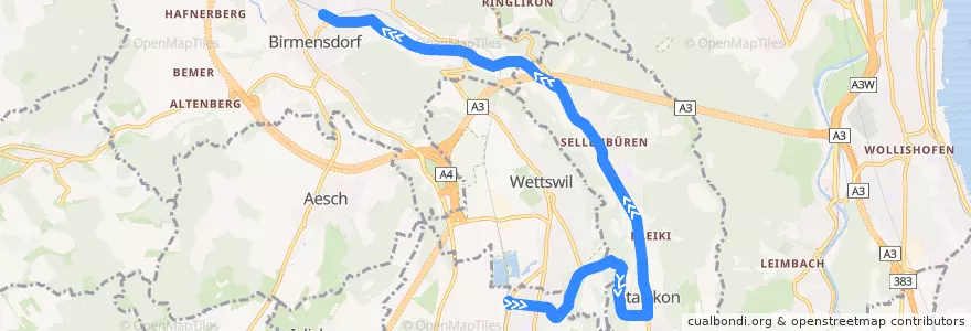 Mapa del recorrido Bus 227: Bonstetten-Wettswil, Bahnhof => Birmensdorf, Bahnhof (NVZ) de la línea  en Zurich.