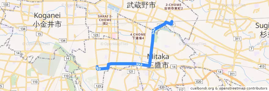 Mapa del recorrido Bus 吉01 大沢->吉祥寺駅中央口 de la línea  en Tokio.