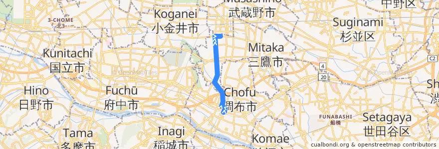 Mapa del recorrido Bus 鷹51 調布駅北口->武蔵境営業所 de la línea  en Токио.