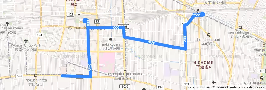 Mapa del recorrido Bus 鷹57 三鷹駅->武蔵境営業所 de la línea  en Tokyo.