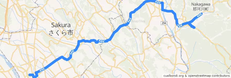 Mapa del recorrido 関東自動車バス 馬頭車庫⇒氏家駅前 de la línea  en Tochigi Prefecture.