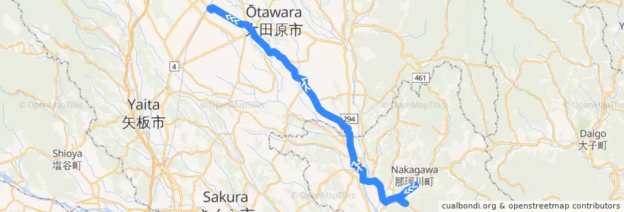 Mapa del recorrido 関東自動車バス 馬頭車庫⇒西那須野駅 de la línea  en Tochigi Prefecture.