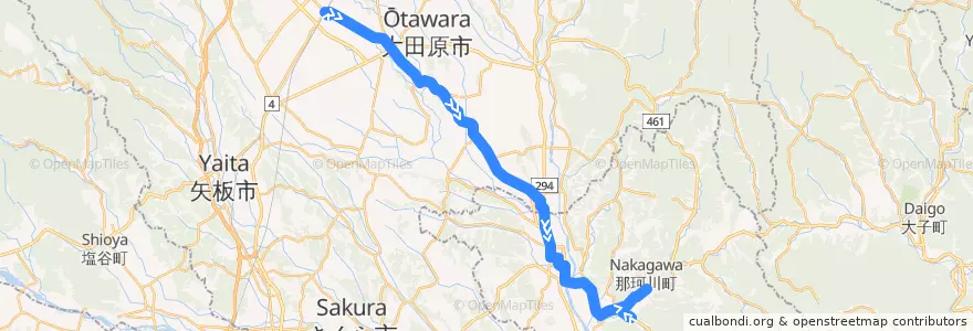 Mapa del recorrido 関東自動車バス 西那須野駅⇒馬頭車庫 de la línea  en 도치기현.