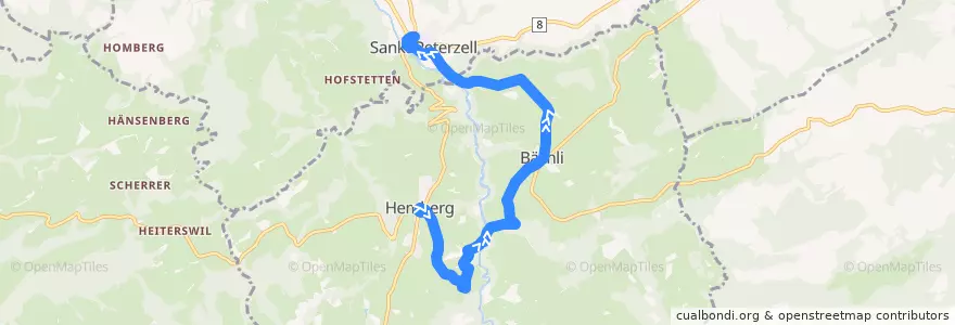 Mapa del recorrido Bus 185: Hemberg, Dorf => St. Peterzell, Dorf de la línea  en Wahlkreis Toggenburg.