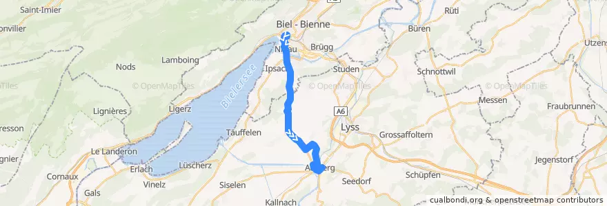 Mapa del recorrido Bus 86: Biel/Bienne => Aarberg de la línea  en Verwaltungsregion Seeland.