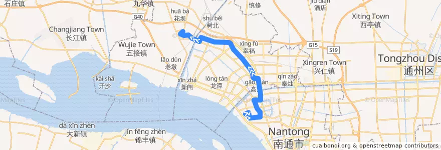 Mapa del recorrido 57路: 任港西路 => 市肿瘤医院 de la línea  en 南通市.