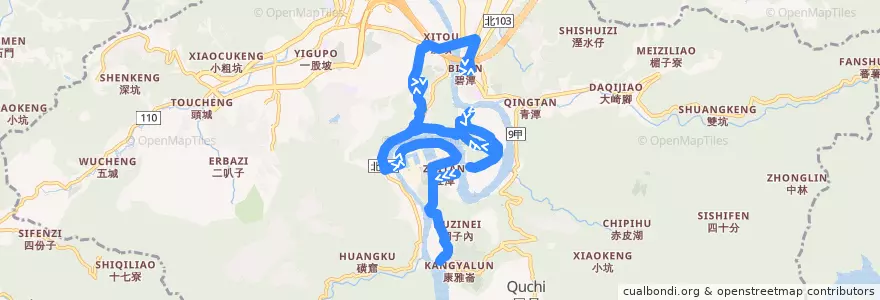 Mapa del recorrido 水源區新巴士 直潭線 (往直潭) de la línea  en Xindian.