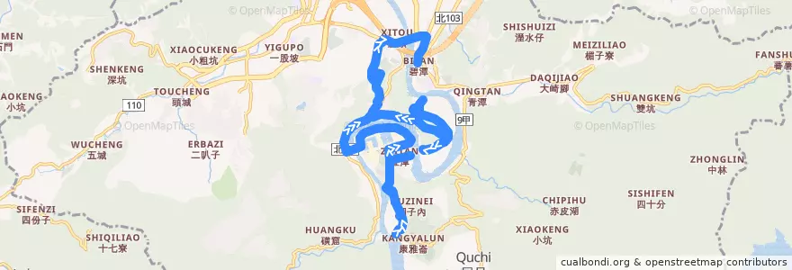 Mapa del recorrido 水源區新巴士 直潭線 (往捷運新店站) de la línea  en Xindian District.