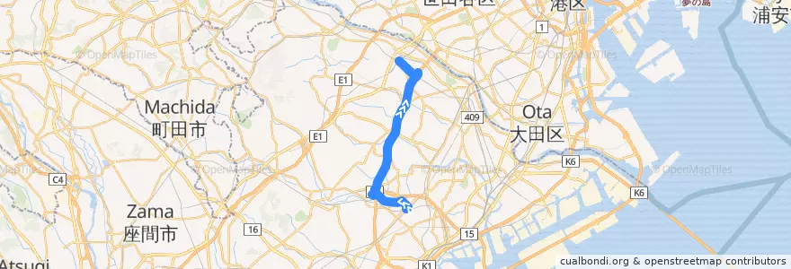 Mapa del recorrido 新横溝口線　新横浜駅⇒溝の口駅 de la línea  en Prefectura de Kanagawa.