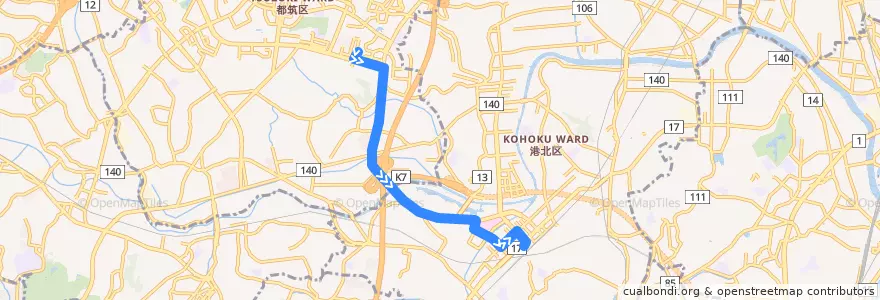 Mapa del recorrido 300系統 仲町台駅→浜鳥橋→新横浜駅前 de la línea  en 요코하마시.
