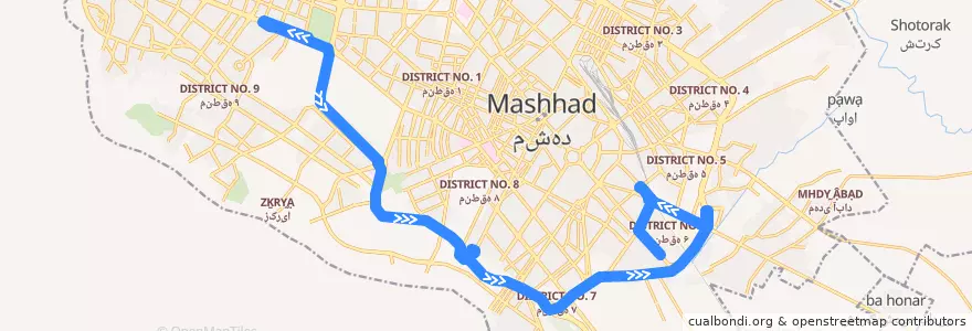 Mapa del recorrido ۱۰۰ de la línea  en مشهد.