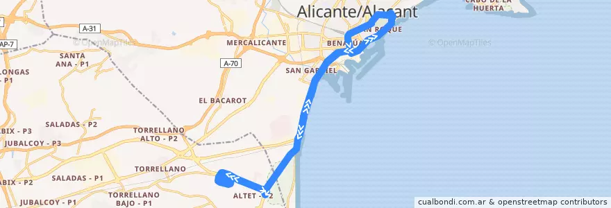 Mapa del recorrido C-6 Aeropuerto ⇒ Alicante ⇒ Aeropuerto de la línea  en Alacant / Alicante.