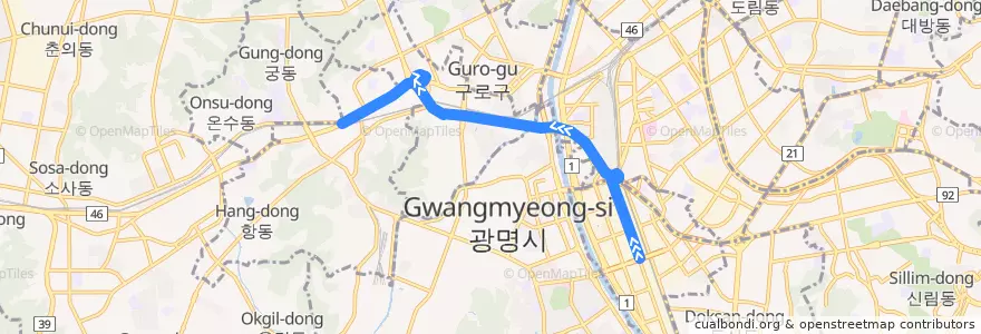 Mapa del recorrido 일반-75: 고속철도광명역->고강공영차고지 de la línea  en ソウル.