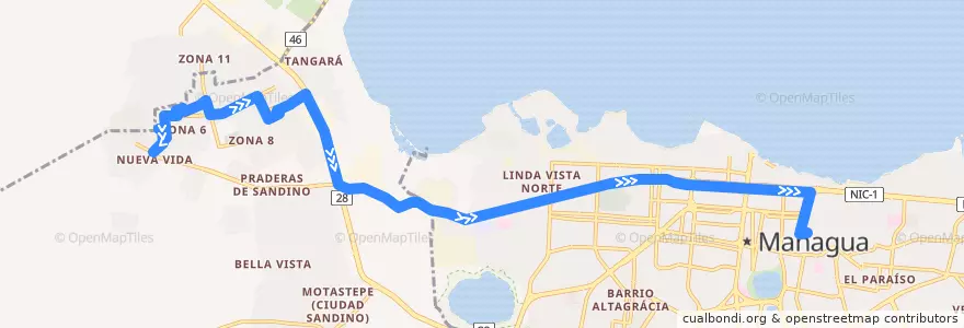 Mapa del recorrido Ruta 133: Ciudad Sandino (Zona 6) -> Mercado Oriental, Managua de la línea  en Departamento de Managua.
