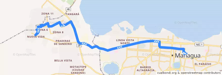 Mapa del recorrido Ruta 133: Mercado Oriental -> Ciudad Sandino (Zona 6) de la línea  en Departamento de Managua.