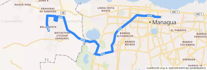 Mapa del recorrido Ruta 125: Ciudad Sandino (Bello Amanecer) => Mercado Oriental de la línea  en Departamento de Managua.
