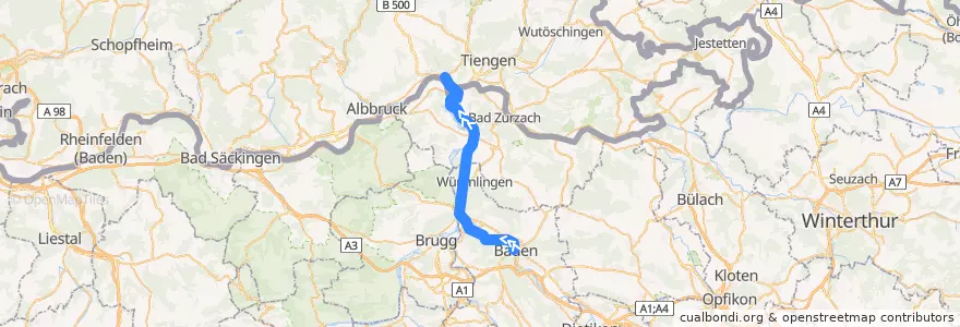 Mapa del recorrido S27: Baden –> Waldshut de la línea  en Aargau.