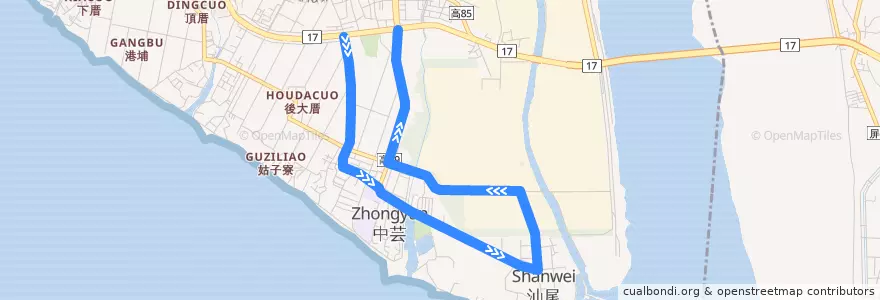 Mapa del recorrido 紅3(繞駛中芸汕尾) de la línea  en 타이완.