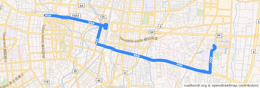 Mapa del recorrido JRバス関東水都西線 東武駅前⇒宇大⇒ベルモール de la línea  en 宇都宮市.