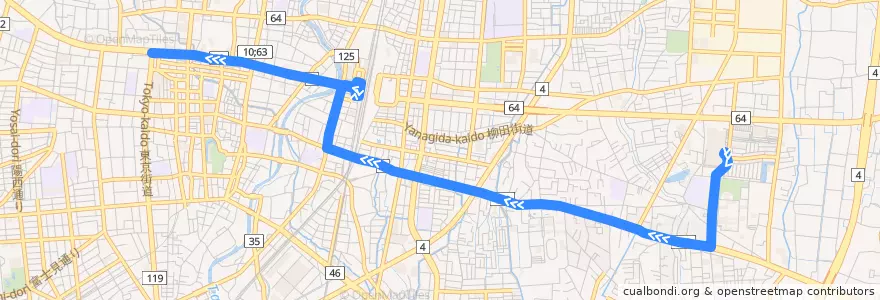 Mapa del recorrido JRバス関東水都西線 ベルモール⇒宇大⇒東武駅前 de la línea  en 宇都宮市.