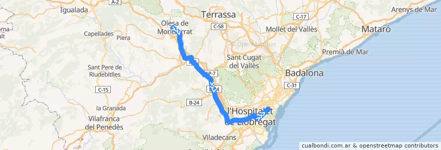 Mapa del recorrido S4 Olesa de Montserrat => Barcelona - Pl. Espanya de la línea  en Baix Llobregat.