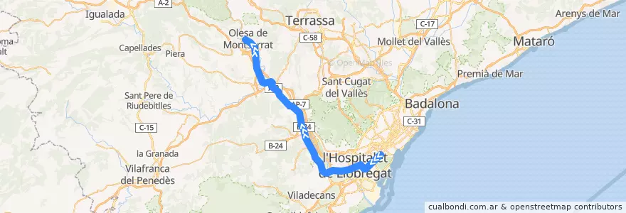 Mapa del recorrido S4 Barcelona - Pl. Espanya => Olesa de Montserrat de la línea  en Bas-Llobrégat.
